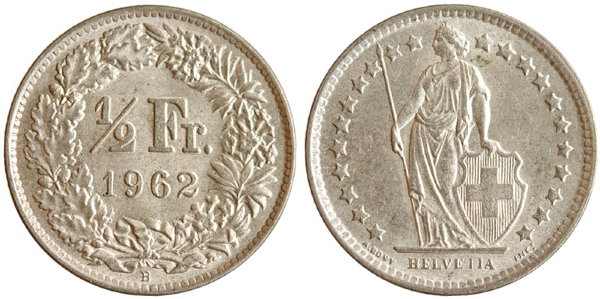 Швейцария, 1/2 франка 1962 год, UNC