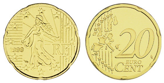Франция, 20 центов 1999 (UNC, латунь)