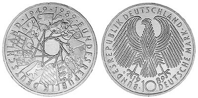 Германия, 10 марок 1989 год, 40 лет ФРГ