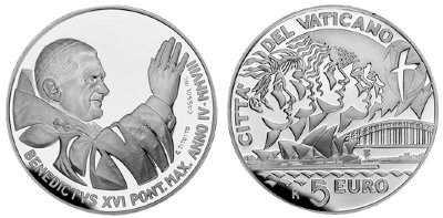Ватикан, 5 евро 2008 год, Всемирный день молодежи в Сиднее, ПРУФ