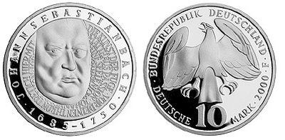 Германия, 10 марок 2000 год, Иоганн Себастьян Бах, ПРУФ
