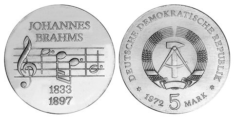 ГДР, 5 марок 1972 год, Иоганнес Брамс