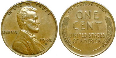 США, 1 цент 1942-D год, XF №28