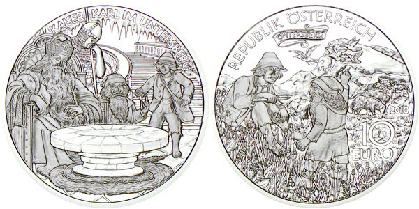 Австрия, 10 евро 2010 год, Карл Великий в Унтерсберге