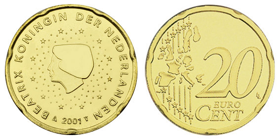 Нидерланды, 20 центов 2001 (UNC, латунь)