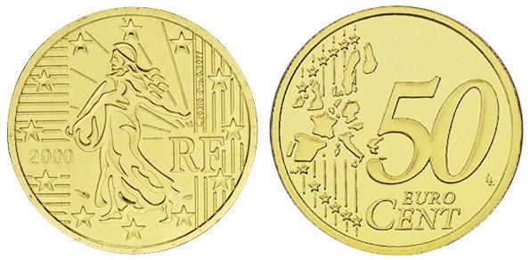 Франция, 50 центов 2000 (UNC, латунь)